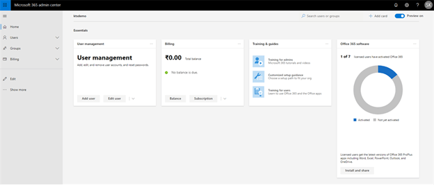 Manage Dashboard in Microsoft 365 Admin Center